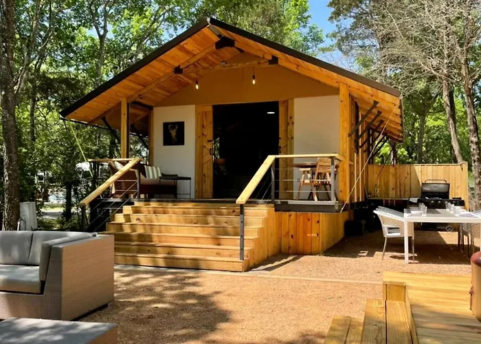 Cozy Lakefront Glamping Cabin With Private Patio Near Austin, Texas